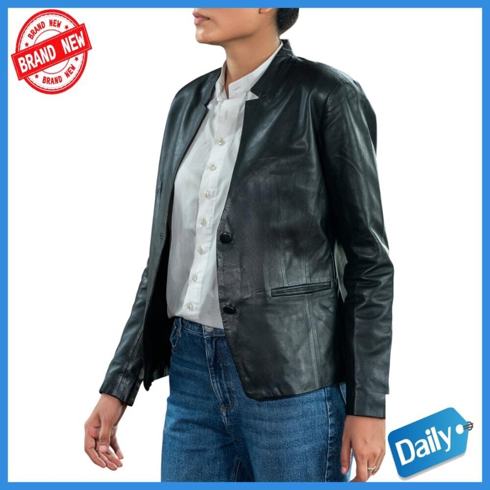 Genuine Leather Blazer Mandarin Collar Slim Fit Women's Jacket